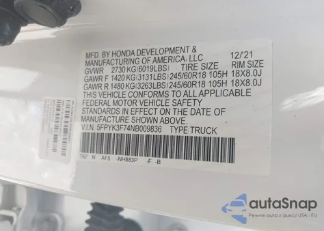 2022 Honda Ridgeline Rtl-E z USA, uszkodzony, nr VIN 5FPYK3F74NB009836